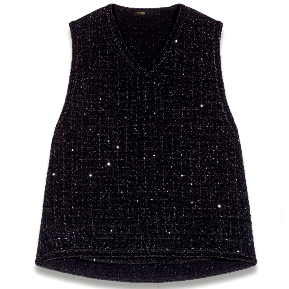 Maje Black Sparkle V-Neck Knit Tank, size 1 = Small